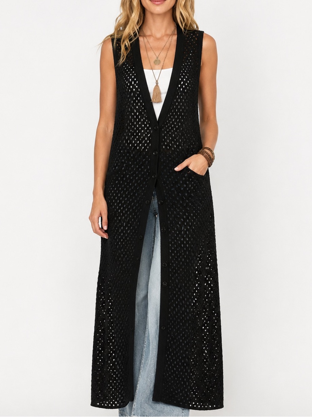 Matter of Degrees Black Crochet Knit Maxi Sweater Dress Vest Button Front Medium